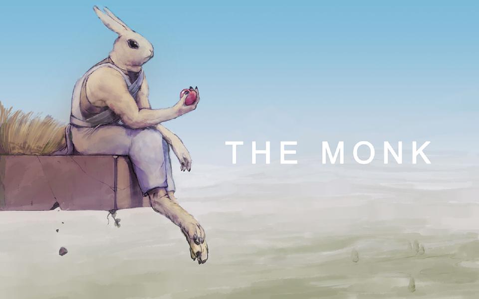 A tall rabbit in a grey robe sits on the edge of a cracked stone ledge above a sea of mist, holding a red apple. Sign: "The Monk"