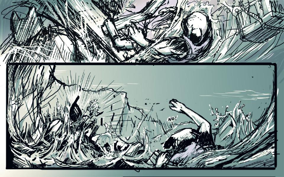 Panel 1. Broken planks and boat timbers churn in the surf around a hooded figure in a purple vest. Panel 2. Janner, in his purple vest, is flung into the churning sea with one arm raised, as a wave crashes against a rock face. Janner: "No!"