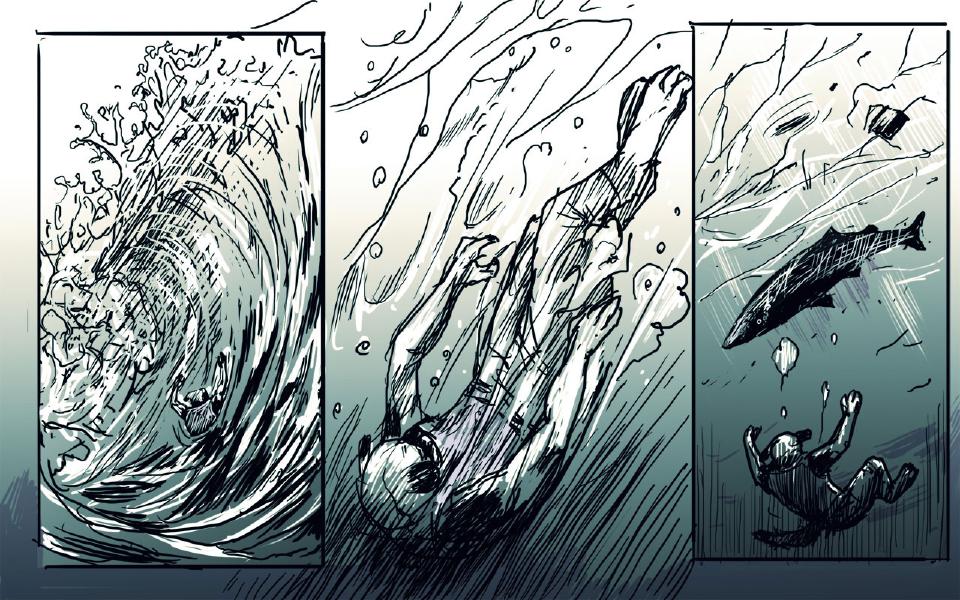 Panel 1. A huge wave curls over a tiny swimmer. Panel 2. Janner, in his purple vest, sinks headfirst through the water, bubbles rising. Panel 3. A large dark fish passes above a small figure sinking with arms raised.