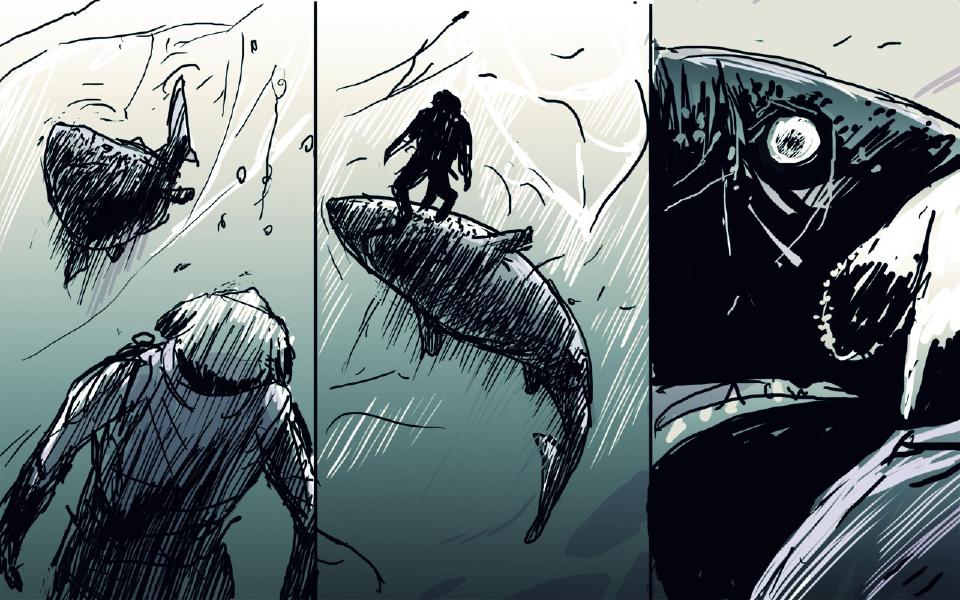 Panel 1. Underwater, the wrecked boat sinks above a hooded figure seen from behind. Panel 2. A dark figure stands on the back of a huge fish. Panel 3. Close view of the huge fish's large round eye.