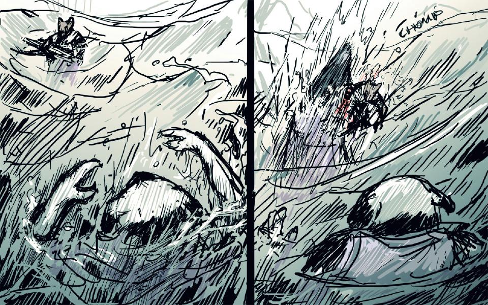 Panel 1. A small pointed-eared figure sits on floating wreckage at the top left; below, pale limbs and a dark shape thrash in the foam. Panel 2. A dark fin and a bloodied figure thrash in the spray above a limp figure in a purple vest lying in the water. Sound: "Chomp"