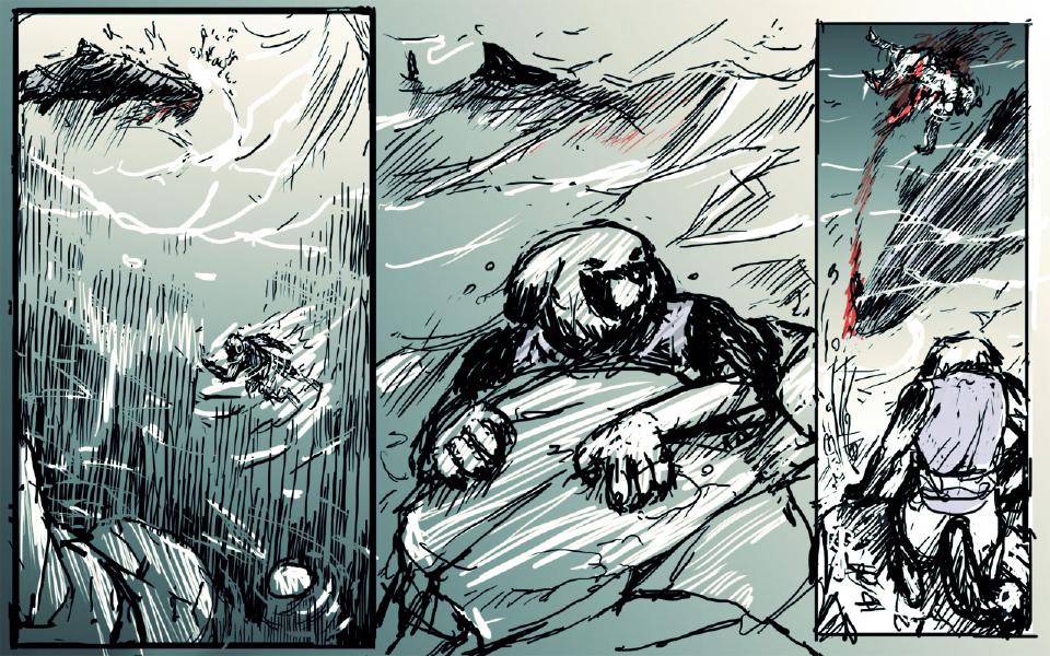 Panel 1. A dark fish with red-tinged water surfaces at the top above a small swimmer in stormy water. Panel 2. The figure in the purple vest clings to a plank in stormy water; a dark fin cuts through red-tinged water behind him. Panel 3. A bloodied figure falls through the water at the top, trailing red, above a figure in a purple vest seen from behind.