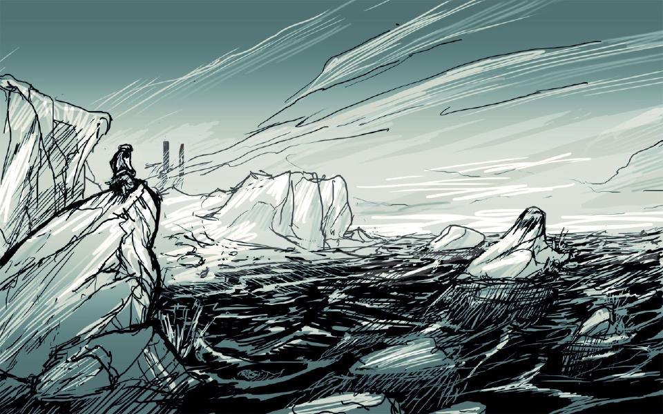 A small hooded figure stands on a rocky ice ledge above a dark, choppy sea with floating ice. Two tall black pillars rise faintly in the distant haze.