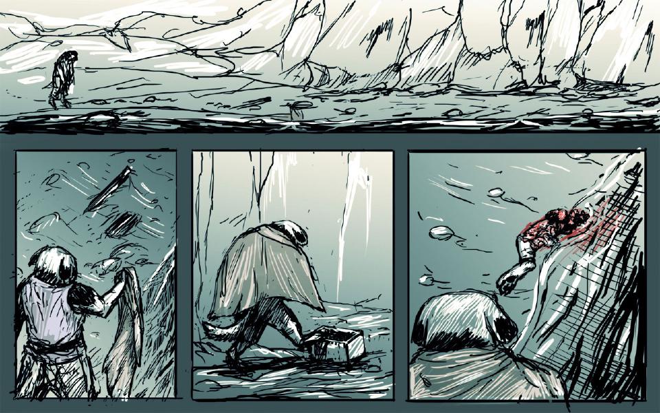 Panel 1. A lone hooded figure trudges across a snowy shore beneath ice cliffs. Panel 2. Seen from behind, a figure in a vest grips a cloak flapping in the wind; a blade and a dark shape hang in the air above. Panel 3. A cloaked figure with a tail stoops over a small box at the foot of an ice cliff. Panel 4. A bloodied body lies slumped against a slanted rock face; a hunched figure is seen from behind in the foreground.