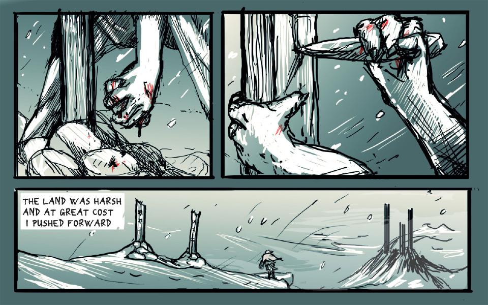 Panel 1. A bloodied fist grips a post, blood dripping from the knuckles. Panel 2. A bloodied hand drives a knife into the post while the other hand grips it. Panel 3. A lone figure walks along a windy ridge; two black monoliths stand behind and a cluster of monoliths rises on a hill ahead. Caption: "The land was harsh and at great cost I pushed forward"