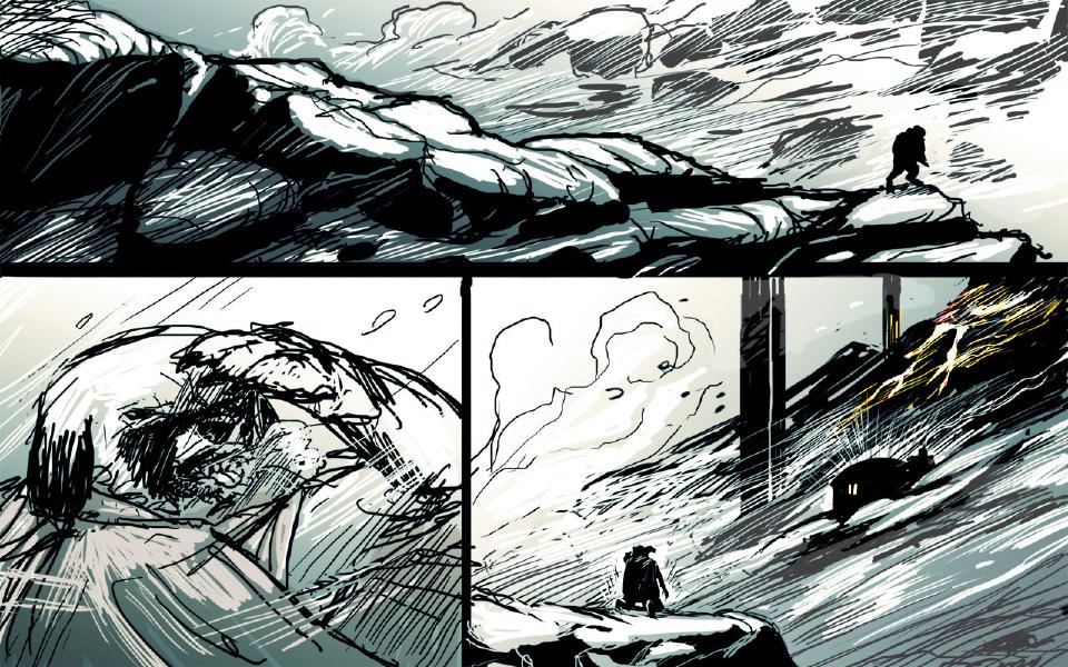 Panel 1. A hunched figure crosses a rocky ridge in a storm. Panel 2. A close view of a face blasted by wind. Panel 3. The figure kneels on a ridge in the gale; lightning crackles over a small hut beside a black monolith.