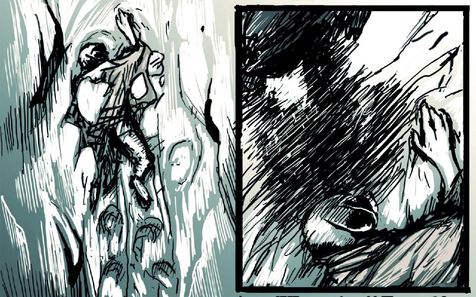 Panel 1. A figure in a vest tumbles through a streaming white blur. Panel 2. A dark shape looms over a wide frightened eye and a raised hand.