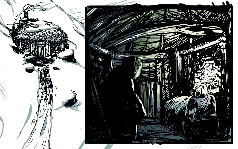 Panel 1. A small hooded figure climbs a snowy path toward a thatched hut. Panel 2. Inside the dim hut, a tall dark figure stands at left; a hooded figure sits near a glowing hearth at right.