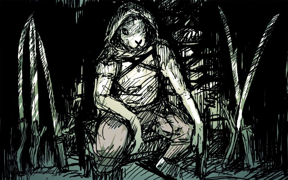 A hooded rabbit crouches in a dark hut, forearms resting on its knees, looking out calmly.