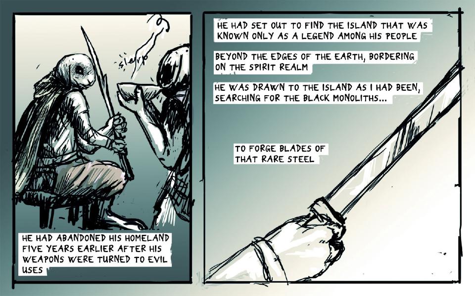 Panel 1. The hooded rabbit sits on a stool, both hands gripping a long blade held upright. A second, dark figure at right tips a bowl to drink. Sound: "Slerp" Caption: "He had abandoned his homeland five years earlier after his weapons were turned to evil uses" Panel 2. A hand grips the hilt of a long blade, a cord wound around the wrist. Caption: "He had set out to find the island that was known only as a legend among his people" Caption: "Beyond the edges of the earth, bordering on the spirit realm" Caption: "He was drawn to the island as I had been, searching for the black monoliths..." Caption: "To forge blades of that rare steel"