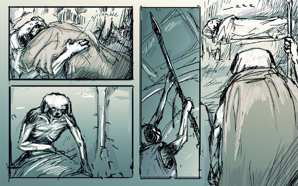 Panel 1. The dog lies awake under a blanket, one hand on his stomach. Sound: "Grrrumble" Panel 2. The dog sits up with his head resting on his hand. Panel 3. Seen from below, the dog grips a spear upright in both hands. Panel 4. The hooded rabbit lies asleep at the top; the dog, cloaked and seen from behind, stands holding the spear. Sound: "Zzz"