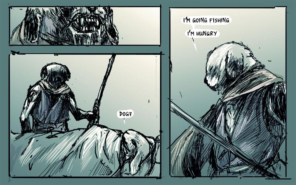 Panel 1. Close view of bared teeth in shadow. Panel 2. The dog stands holding a spear behind the sleeping hooded rabbit in the foreground. The hooded rabbit: "Dog?" Panel 3. The dog, cloaked and in profile, carries a spear over his shoulder. The dog: "I'm going fishing" The dog: "I'm hungry"