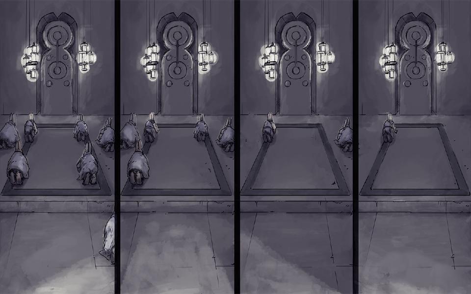 Panel 1. Wordless. Kneeling monks fill the lantern-lit prayer hall facing the stone door. Panel 2. Fewer monks remain kneeling. Panel 3. Only two monks remain. Panel 4. A single monk is left bowed before the door.