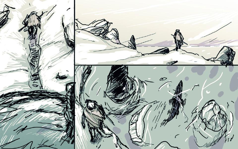 Panel 1. Seen from above, the dog walks down a snowy slope with a spear over his shoulder. Panel 2. The dog stands on a ridge at the shore, looking out over the sea. Panel 3. Seen from above, the dog stands on an ice ledge at left; a shark swims among ice blocks and rocks below.