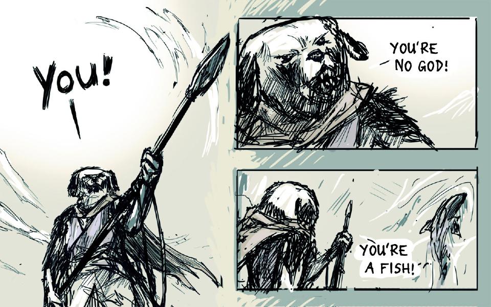 Panel 1. The dog raises his spear overhead. The dog: "You!" Panel 2. Close view of the dog's snarling face. The dog: "You're no god!" Panel 3. The dog, seen from behind, grips the spear; a shark rears up out of the water at right. The dog: "You're a fish!"