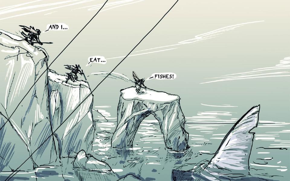 Panel 1. The dog crouches on top of a tall ice pillar, spear in hand. The dog: "And I..." Panel 2. The dog crouches on a second, lower ice pillar. The dog: "Eat..." Panel 3. The dog stands on an ice arch above the sea; a huge shark fin cuts the water below at right. The dog: "Fishes!"