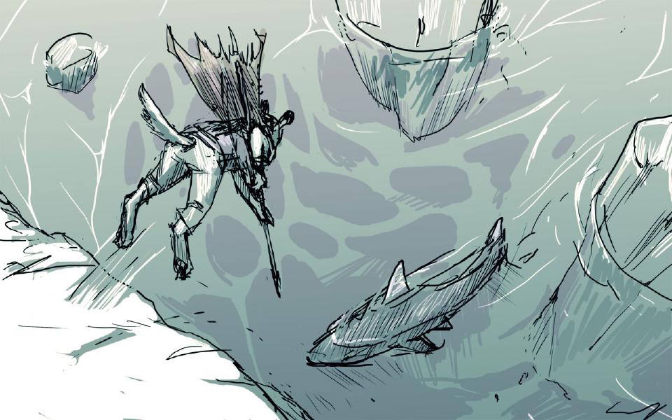 The dog leaps through the air, cloak streaming, spear pointing down at the shark in the water below.