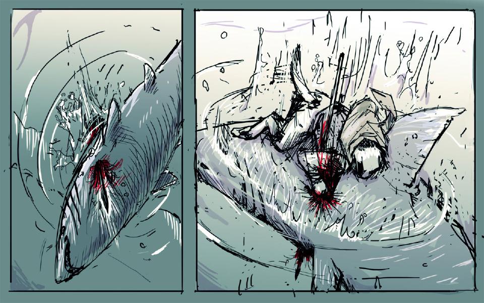 Panel 1. A shark seen from above, blood from a wound behind its head, splash rings spreading. Panel 2. The dog tumbles onto the shark's back, the spear driven in, blood spurting.