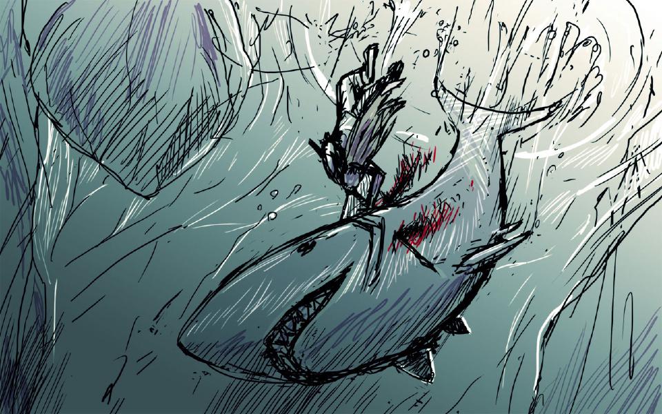 The shark dives with its jaws open, the dog on its back, blood trailing from the wound.