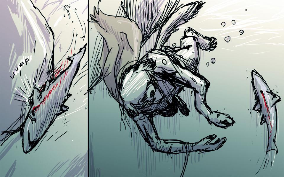 Panel 1. The shark twists in the water, a bleeding wound along its flank. Sound: "Wump" Panel 2. The dog tumbles underwater, bubbles rising; the wounded shark swims away at right.