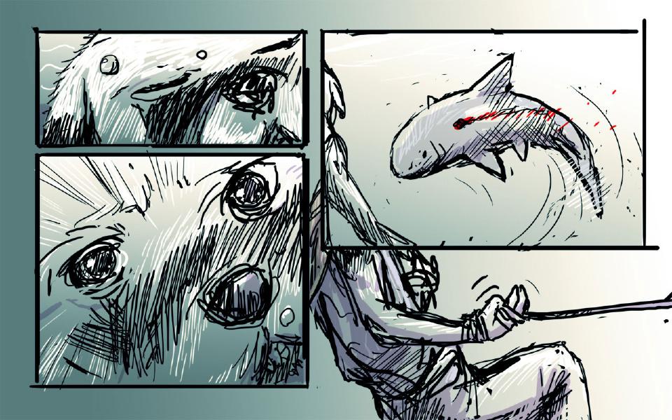 Panel 1. Close view of the dog's eye and face underwater, a bubble drifting by. Panel 2. Closer view: two wide eyes and an open mouth, bubbles rising. Panel 3. The bloodied shark curls in the water, a red wound along its back. Panel 4. The dog sits, his hand wrapped in a rope that stretches away to the right.