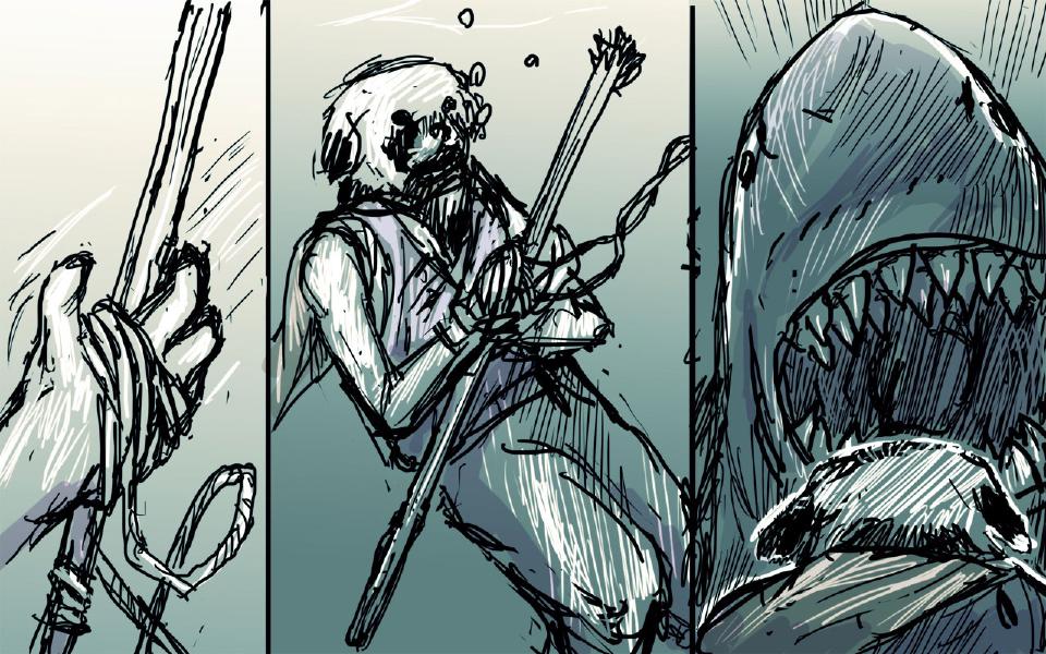 Panel 1. A hand with rope wound around a spear shaft. Panel 2. The dog underwater, rope tangled around him and the spear, bubbles rising. Panel 3. A huge shark's open mouth full of teeth fills the panel.