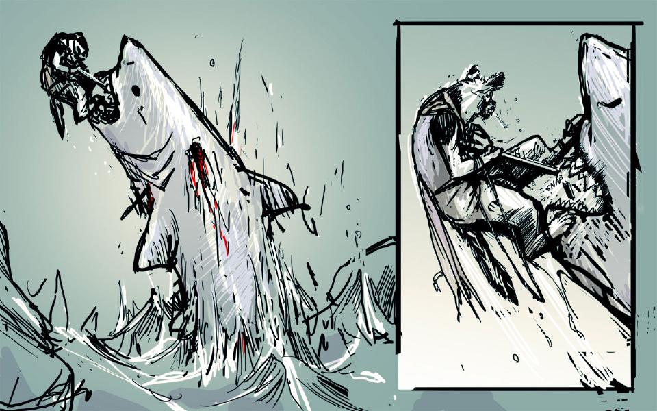 Panel 1. The shark leaps out of the sea, blood on its flank, the dog caught in its jaws at top left. Panel 2. The dog braces the spear shaft across the shark's jaws as they snap shut. Sound: "Snap"