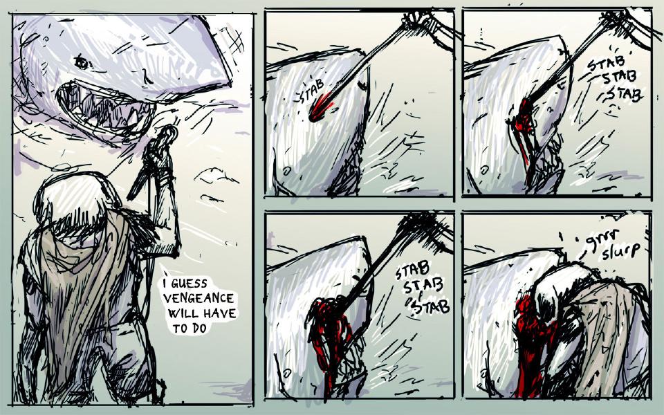 Panel 1. The dog, in a hooded cloak, raises a ring-topped staff before the open jaws of the shark's head above him. The dog: "I guess vengeance will have to do" Panel 2. The staff drives into the shark's side and draws blood. Sound: "Stab" Panel 3. The staff stabs into the wound again and again. Sound: "Stab stab stab" Panel 4. The staff keeps stabbing and the wound grows wide and bloody. Sound: "Stab stab stab" Panel 5. The dog bends his head down into the bloody wound. Sound: "Grrr slurp"