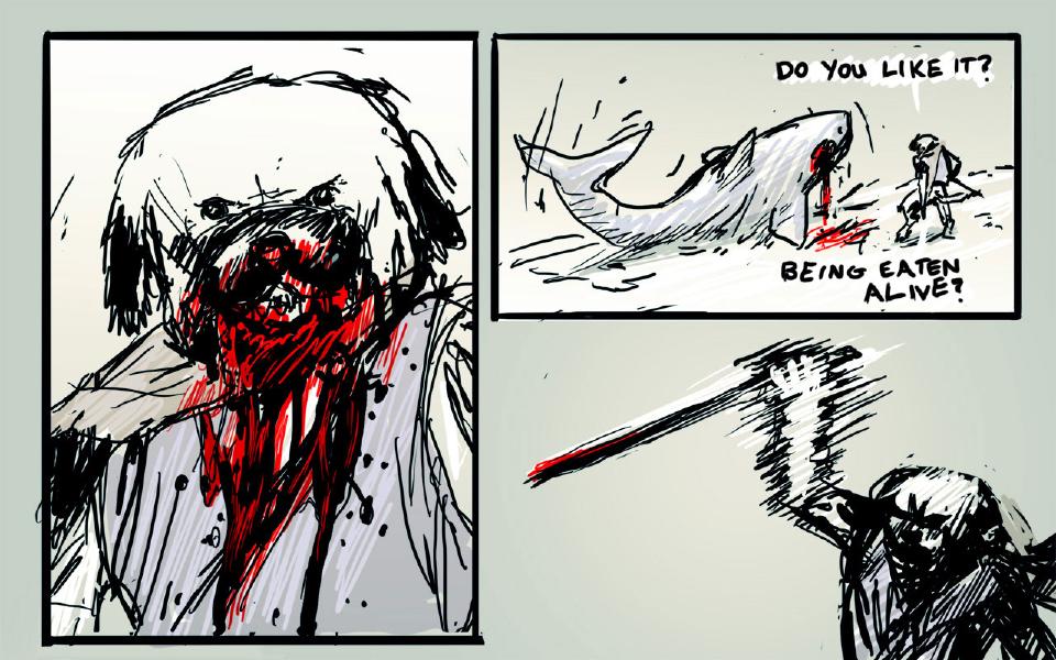 Panel 1. Close on the dog's face and chest, streaked and soaked with blood. Panel 2. The shark lies beaten on the snow while the dog stands beside it. The dog: "Do you like it?" The dog: "Being eaten alive?" Panel 3. The dog raises his bloody staff.