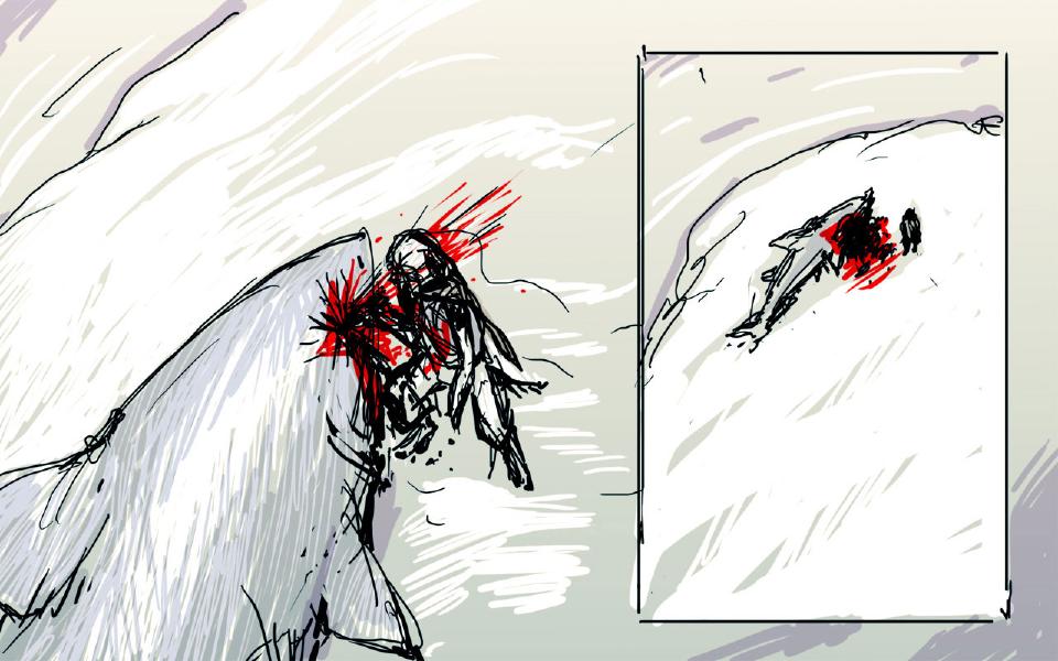 Panel 1. The dog and the shark's flank are locked together in a spray of blood. Panel 2. Seen from far off, the shark lies still on the snow beside a tiny standing figure.