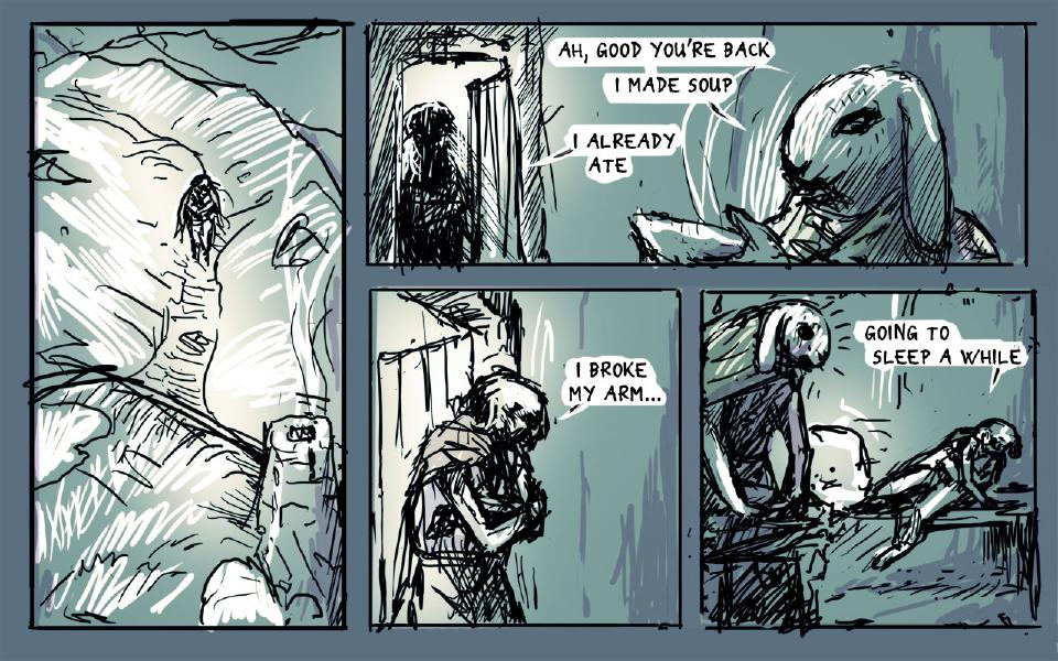 Panel 1. A small cloaked figure climbs a snowy path toward a stone hut. Panel 2. At the hut door the dog stands dark in the doorway while a large-eared rabbit, holding a bowl, greets him. The hooded rabbit: "Ah, good you're back" The hooded rabbit: "I made soup" The injured dog: "I already ate" Panel 3. The dog, huddled, clutches his arm. The injured dog: "I broke my arm..." Panel 4. The dog lies down on a bed while the rabbit stands at the left. The injured dog: "Going to sleep a while"