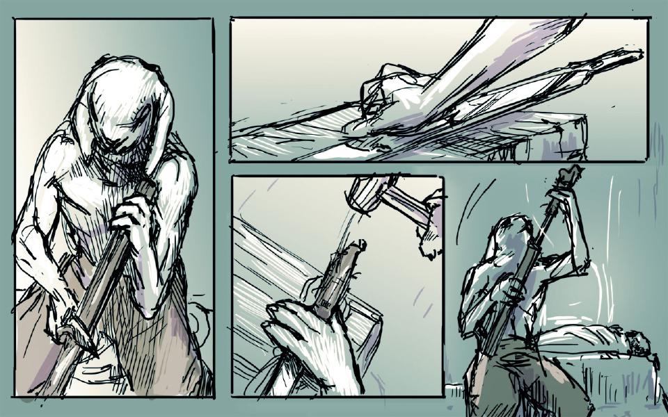Panel 1. The hooded rabbit, head bowed, works at a long wooden handle gripped in his bare hands. Panel 2. A hand steadies long thin boards on a workbench. Panel 3. A hammer swings down onto a wrapped wooden piece that a hand holds steady. Panel 4. The rabbit raises a finished sword upright while the dog sleeps on the bed behind him.