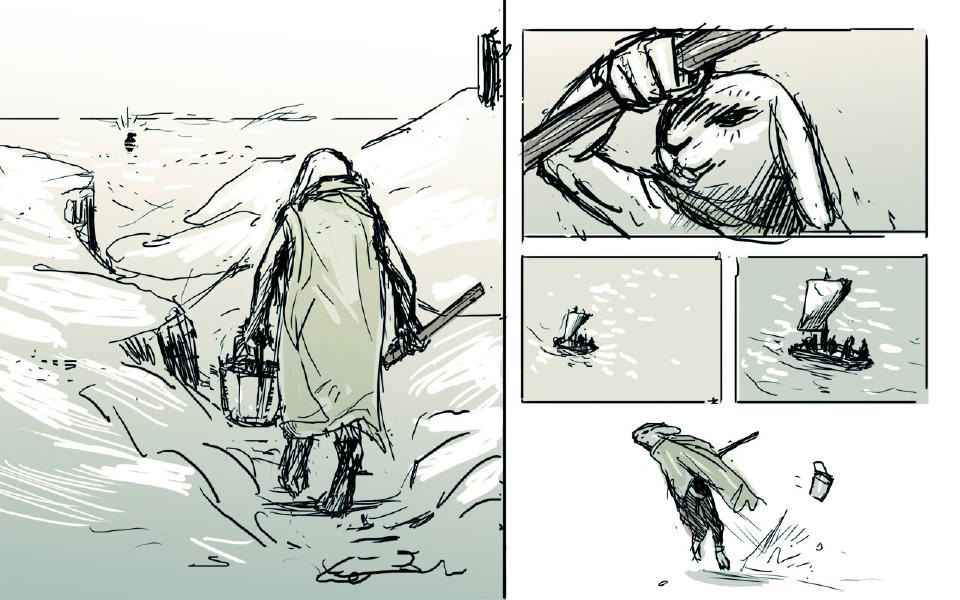 Panel 1. The hooded rabbit, seen from behind with a bucket in one hand and a sword in the other, walks through deep snow toward the sea. Panel 2. Close on the rabbit's face as he looks out, a fist gripping a long pole beside him. Panel 3. A small sailboat with figures aboard sits far out on the water. Panel 4. The boat, closer, with sail full and figures aboard. Panel 5. The rabbit leaps downward through the air in a burst of snow, the bucket tumbling beside him.