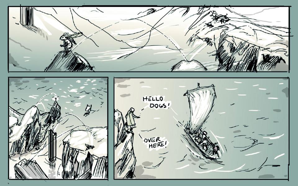 Panel 1. The hooded rabbit stands on a rock at the left; dotted arcs trace his leaps across the cliffs toward the shore. Panel 2. Seen from above, dotted arcs follow the rabbit's jumps across rocky cliffs above the sea, a small boat on the water. Panel 3. The rabbit stands at a cliff edge calling to a sailboat crowded with figures. The hooded rabbit: "Hello dogs!" The hooded rabbit: "Over here!"
