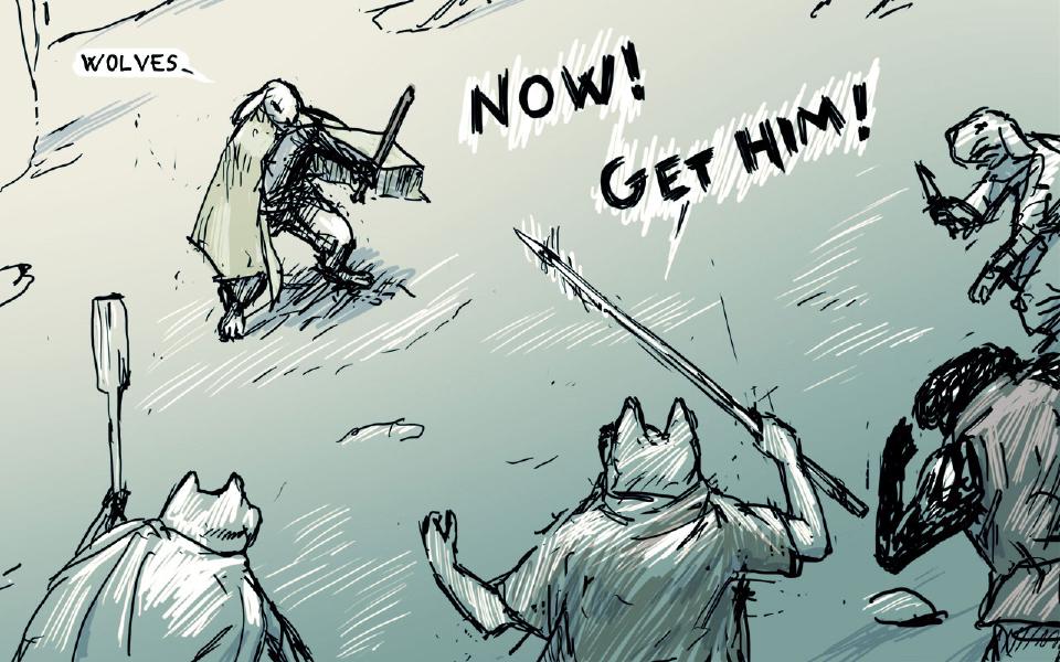 The hooded rabbit crouches in the snow, a sword at his back, as armed dogs close in from below with spears raised. The hooded rabbit: "Wolves" The spear-thrusting dog: "Now!" The spear-thrusting dog: "Get him!"