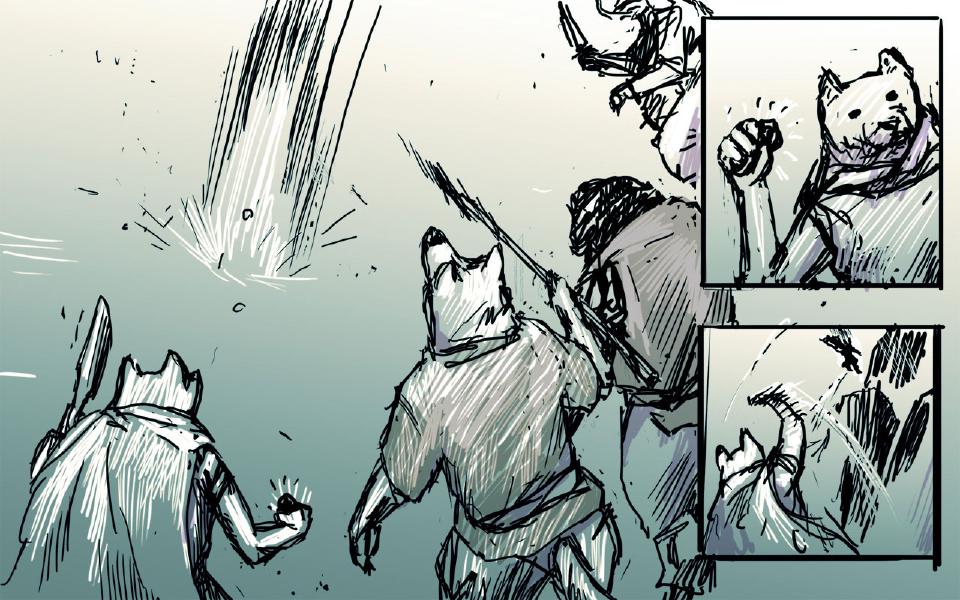 Panel 1. Armed dogs surge forward; one thrusts a spear that splinters the snow, another clenches a fist. Panel 2. A dog snarls, a fist raised. Panel 3. A curved tail flicks through slashing motion lines beside a dog's head.
