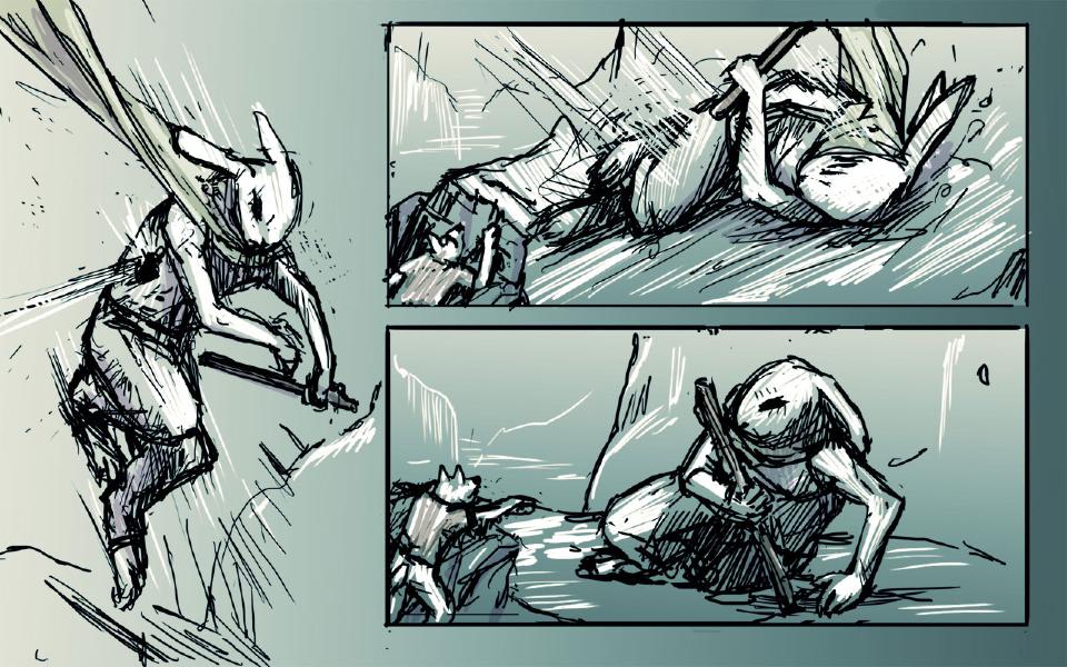 Panel 1. The hooded rabbit leaps through the air, a sword in his hands and a bleeding wound at his side. Panel 2. The rabbit lies tumbled on the slope, a hand gripping a pole, while a small dog scrambles up at lower left. Panel 3. The rabbit crouches in the snow propped on one hand, a sword across his body, as a dog reaches toward him.