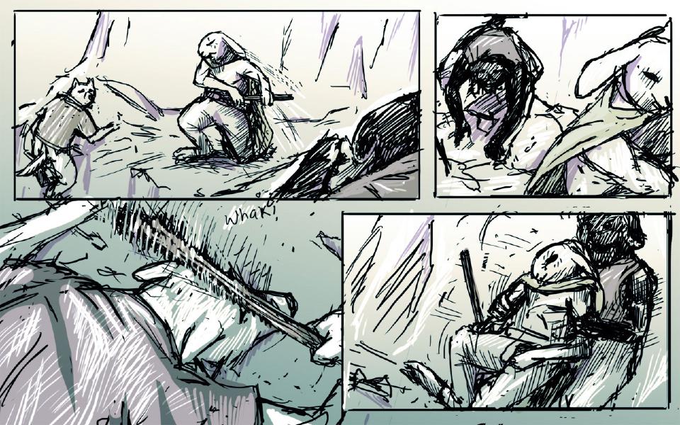 Panel 1. The rabbit crouches on the snow, a hand on the sword at his belt, as a small dog backs away at left; a dark shape rises at lower right. Panel 2. The dark-furred dog, bent forward, looms over a pale shape at right. Panel 3. A long pole strikes down across a pale fallen body. Sound: "Whak!" Panel 4. The dark-furred dog clamps the rabbit from behind.
