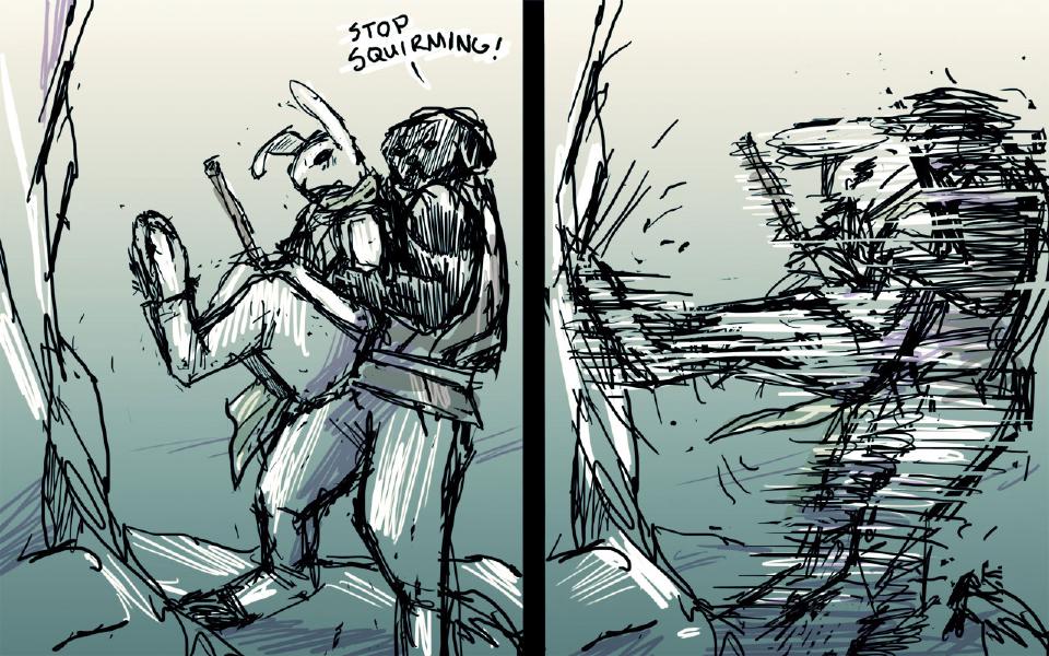 Panel 1. The dark-furred dog holds the rabbit from behind, lifting him while the rabbit's legs kick. The dark-furred dog: "Stop squirming!" Panel 2. The rabbit twists free in a blur of motion lines.