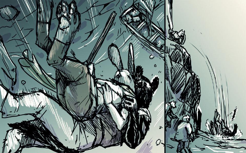 Panel 1. The rabbit and the dark-furred dog tumble through the air locked together, the rabbit's sword shaft between them. Panel 2. From a tall cliff a dog looks down; far below, snow bursts where the pair land, small figures at the left.