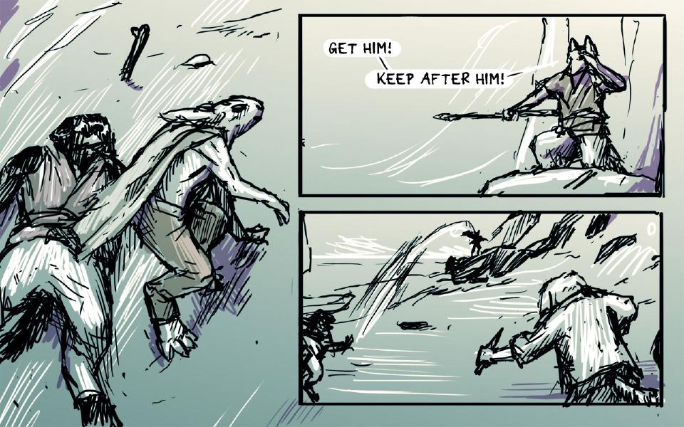 Panel 1. The rabbit runs, cloak streaming, with the dark-furred dog right behind him. Panel 2. A dog on a rock aims a spear along the shore. The dog on the rock: "Get him!" The dog on the rock: "Keep after him!" Panel 3. Far off, a tiny figure leaps across the rocks while a dog runs across the foreground.