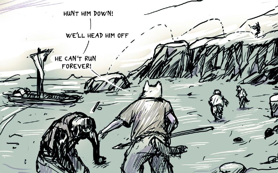 On a rocky beach dogs run after the rabbit, a tiny figure leaping across the cliffs at far right; a beached boat sits at left. The spear-carrying dog: "Hunt him down!" The spear-carrying dog: "We'll head him off" The spear-carrying dog: "He can't run forever!"