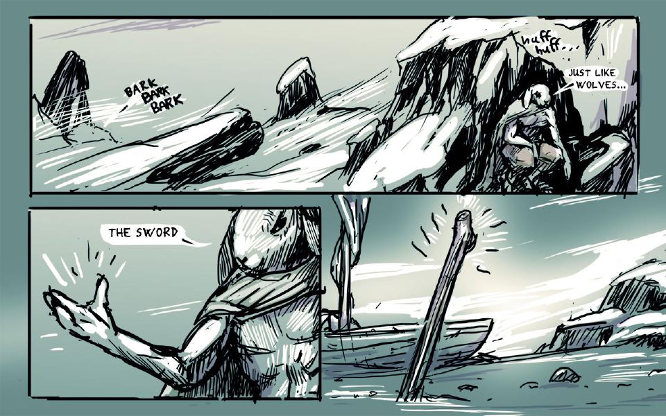 Panel 1. The hooded rabbit hides panting among snowy rocks as barking sounds in the distance. Sound: "Huff huff..." The hooded rabbit: "Just like wolves..." Sound: "Bark bark bark" Panel 2. Close on the rabbit, who reaches out an open hand. The hooded rabbit: "The sword" Panel 3. A stick stands upright and glowing in the snow beside a beached boat.