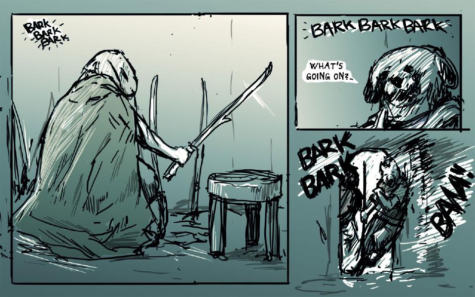 Panel 1. In the dim hut the hooded rabbit, seen from behind, holds a drawn sword beside a small stool as barking starts outside. Sound: "Bark bark bark" Panel 2. The injured dog looks up, startled, from his bed. Sound: "Bark bark bark" The injured dog: "What's going on?" Panel 3. A dog bursts through the doorway. Sound: "Bark bark" Sound: "Bam!"