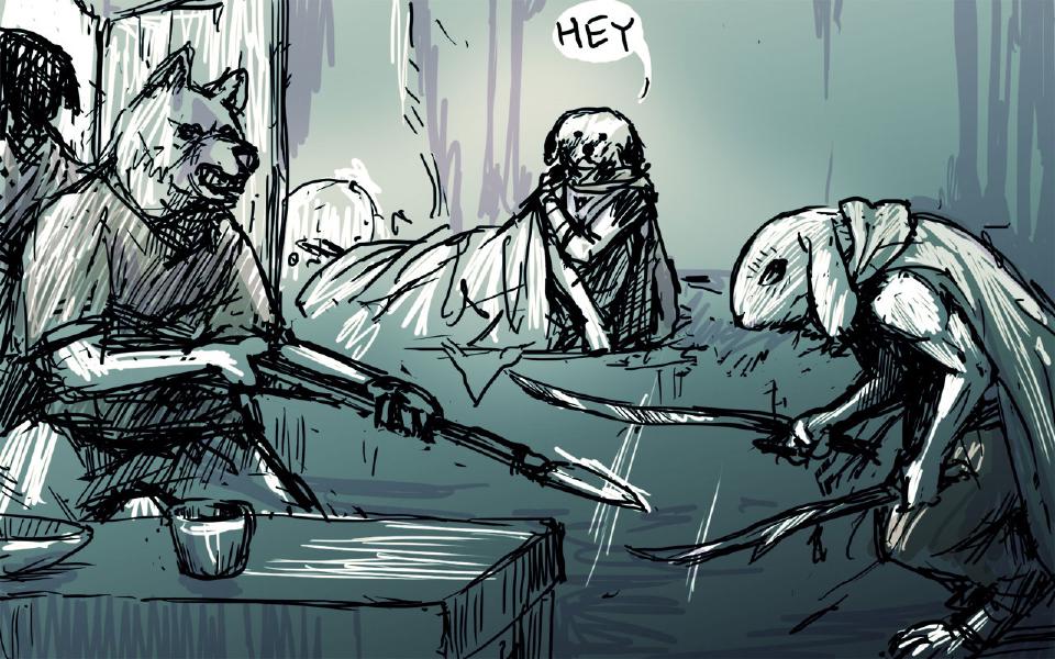 In the hut a snarling wolf-eared dog aims a spear across a table at the hooded rabbit, who holds two swords low; the injured dog sits up in bed between them. The injured dog: "Hey"