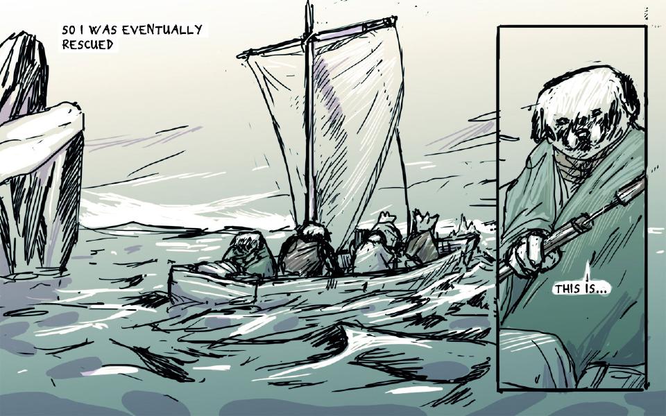 Panel 1. A sailboat carries a group of dogs across rough water past a rock outcrop. Caption: "So I was eventually rescued" Panel 2. A cloaked dog with a shaggy head holds a sword-like stick in both hands. The cloaked dog: "This is..."