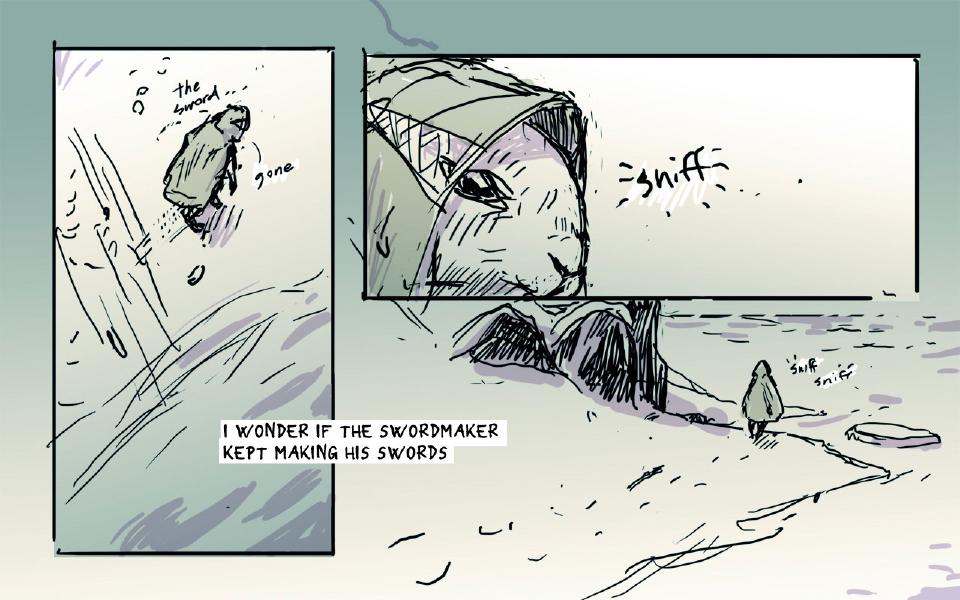 Panel 1. A small hooded figure in a long cloak, seen from the side, with flecks of snow around him. The hooded rabbit: "The sword..." The hooded rabbit: "Gone" Caption: "I wonder if the swordmaker kept making his swords" Panel 2. Close on the hooded face of a rabbit. Sound: "Sniff" Panel 3. The hooded figure walks alone along a snowy shoreline. Sound: "Sniff sniff"