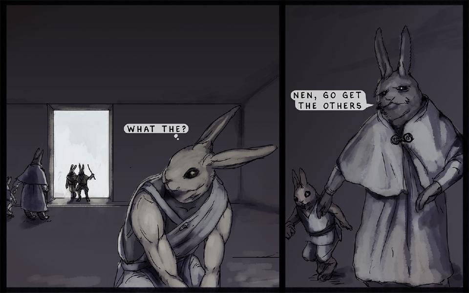 Panel 1. Nissaya crouches startled in the foreground. The two intruders stand in the bright doorway; the Master stands at the left. Nissaya thinks: "What the?" Panel 2. The Master leads Nen by the hand. The Master: "Nen, go get the others."