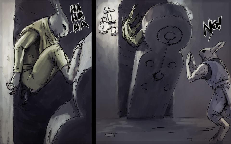 Panel 1. An intruder clings to the stone idol. The intruder climbing the idol: "Ha ha ha" Panel 2. The idol tilts as a hand grips its top; Nissaya lunges toward it with raised hands. Nissaya: "No!"