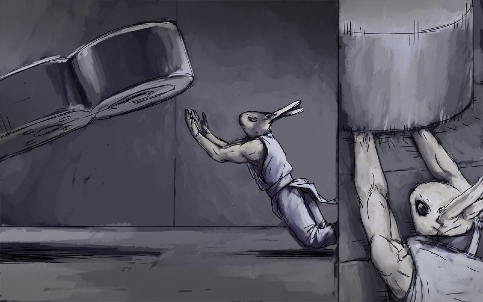 Panel 1. Wordless. The huge stone idol topples toward Nissaya, who lunges toward it with arms outstretched. Panel 2. Nissaya strains under the idol's weight with both arms raised.